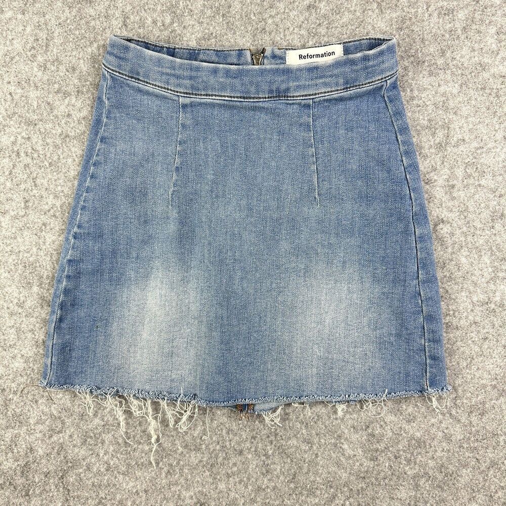 Reformation Evie Denim Mini Skirt Womens 23 Light Wash Raw Hem Organic Cotton